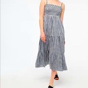 J. Crew Factory Gingham Square-Neck Tiered Midi Dress Navy/White